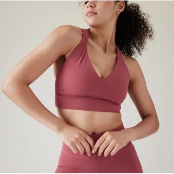 Athleta S Transcend Plunge Sports Bra Small D-DD Berry Rose Red - Picture 1 of 8